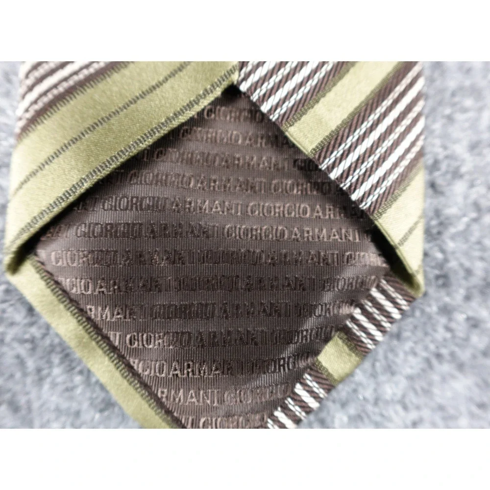 Giorgio Armani Necktie Mens‎ OS Olive Green Good Striped Silk Made in Italy